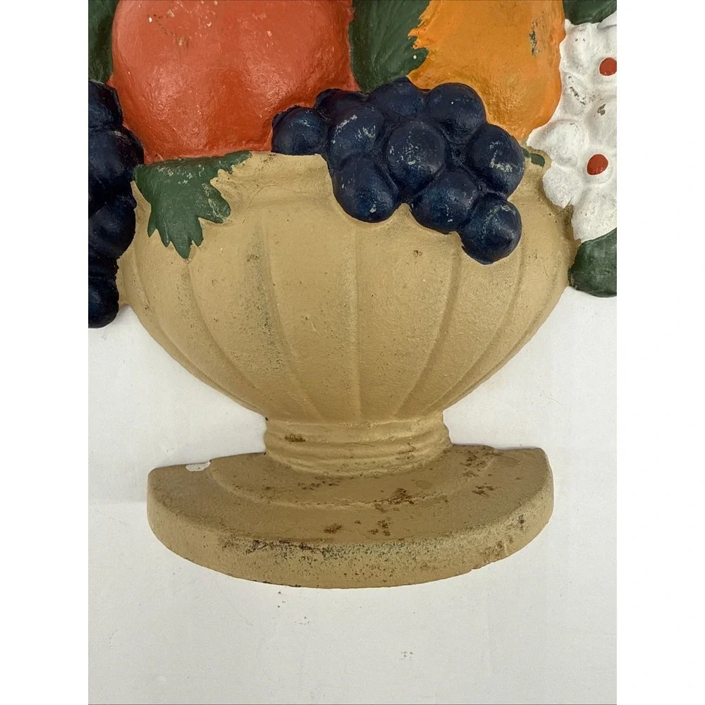 VTG Cast Iron Fruit Basket Doorstop Apple Grapes Flowers Cottage Farmhouse